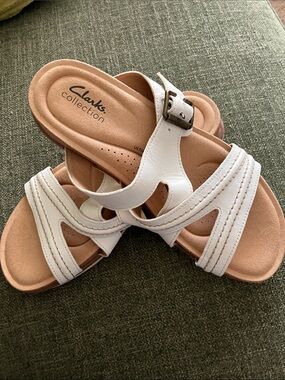 Clarks White Leather Slide Sandals with Buckle